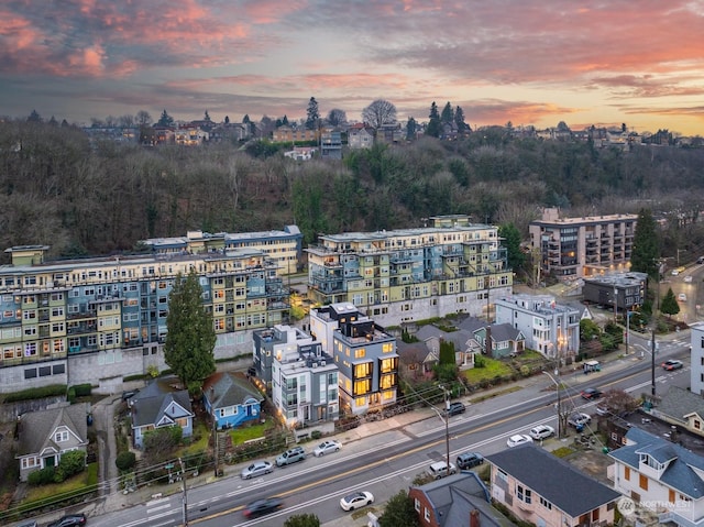 view of aerial view at dusk