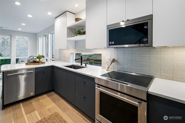 kitchen with white cabinetry, sink, light hardwood / wood-style floors, kitchen peninsula, and stainless steel appliances