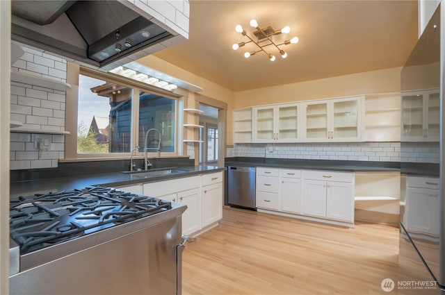 811 N I St, Tacoma, WA 98403 - kitchen with stainless steel appliances, a sink, dark countertops, backsplash, and open shelves