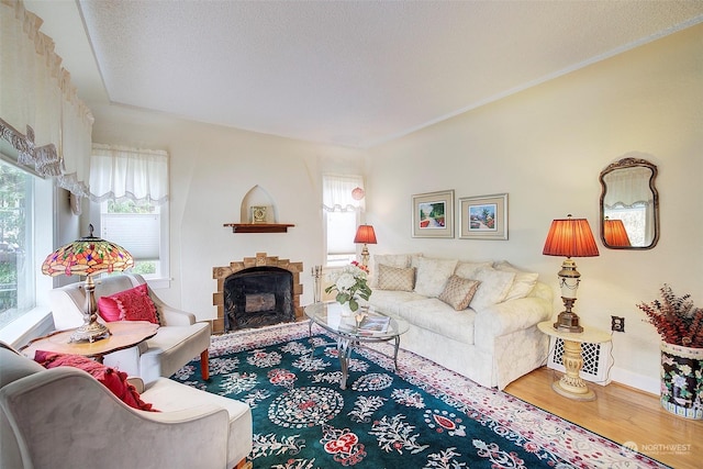 living room with hardwood / wood-style flooring and a textured ceiling