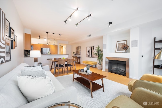 living room featuring track lighting and light hardwood / wood-style flooring