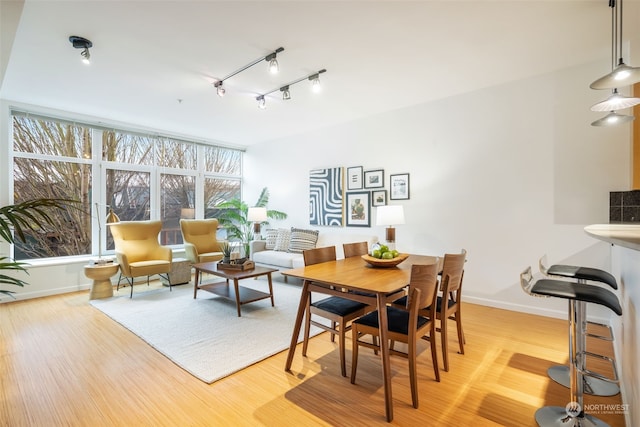 dining area featuring track lighting and light hardwood / wood-style floors