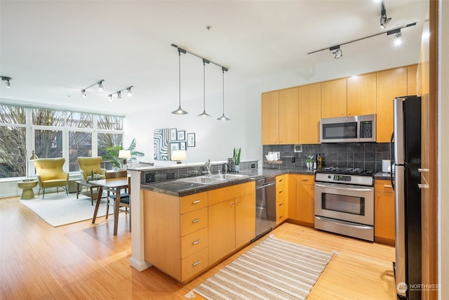 kitchen featuring appliances with stainless steel finishes, decorative backsplash, kitchen peninsula, and sink