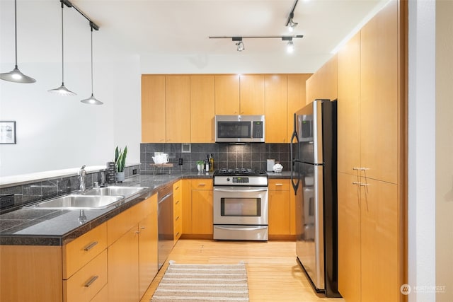 kitchen featuring appliances with stainless steel finishes, backsplash, hanging light fixtures, light hardwood / wood-style flooring, and sink