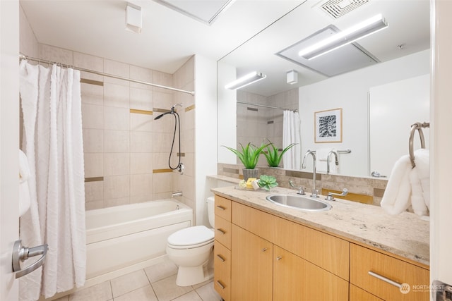 full bathroom with toilet, vanity, tile patterned floors, and shower / bathtub combination with curtain