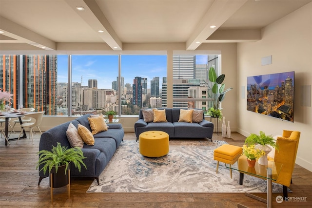 living room featuring dark hardwood / wood-style flooring and beamed ceiling