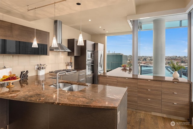 kitchen with decorative light fixtures, wall chimney range hood, hardwood / wood-style floors, sink, and appliances with stainless steel finishes