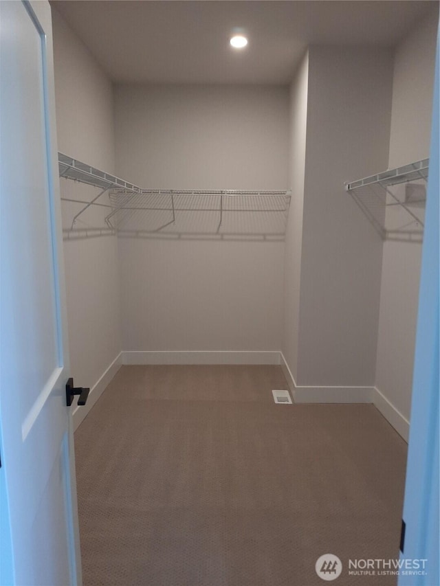 spacious closet with light carpet and visible vents