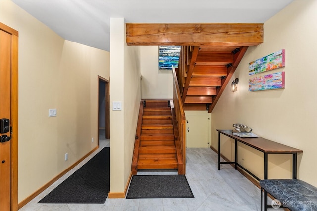 6520 E Mercer Way, Mercer Island, WA 98040 - stairs with beamed ceiling and baseboards