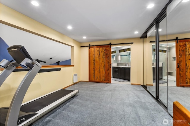 6520 E Mercer Way, Mercer Island, WA 98040 - workout area with a barn door, carpet flooring, and recessed lighting