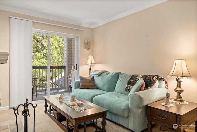 living room with light carpet and ornamental molding