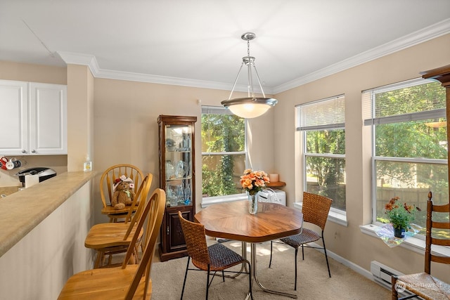 carpeted dining area featuring a baseboard radiator, plenty of natural light, and ornamental molding