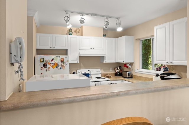 kitchen with white cabinets and white appliances