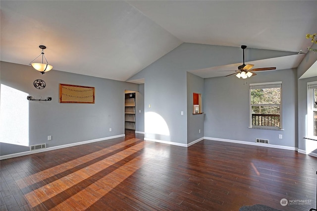 unfurnished living room with lofted ceiling, dark wood-type flooring, and ceiling fan