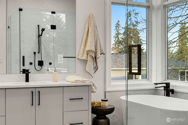 bathroom featuring a washtub and vanity