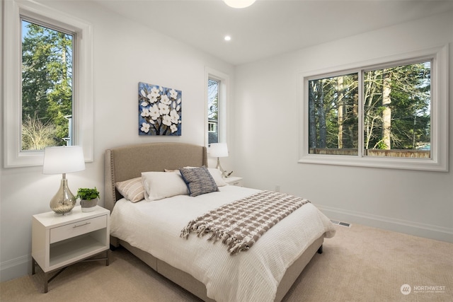 carpeted bedroom featuring multiple windows