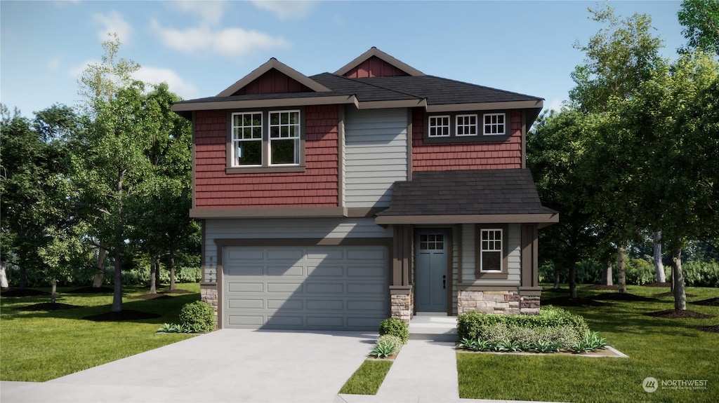 view of front of property with a garage and a front lawn