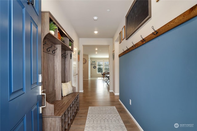 mudroom with hardwood / wood-style floors