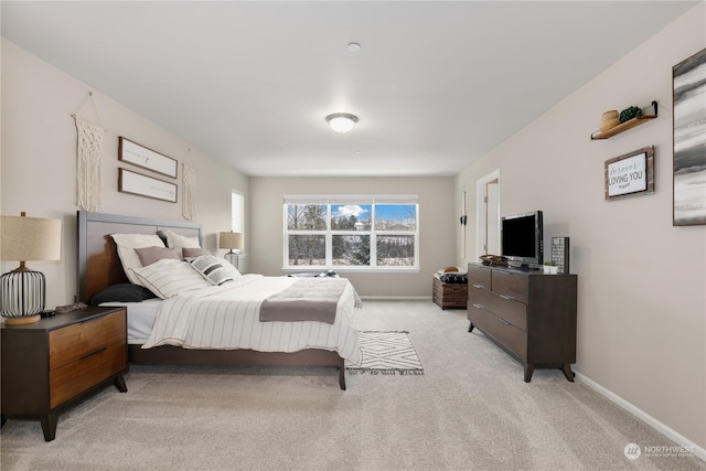 bedroom featuring light carpet