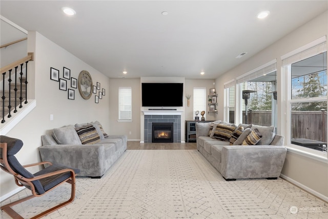 living room with a fireplace