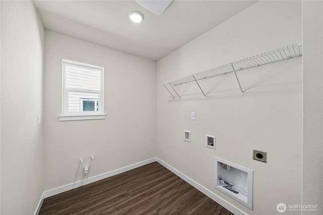 17920 139th Pl E, Puyallup, WA 98374 - washroom featuring electric dryer hookup, hookup for a gas dryer, baseboards, washer hookup, and dark wood finished floors