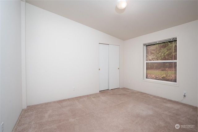 spare room featuring lofted ceiling and light carpet