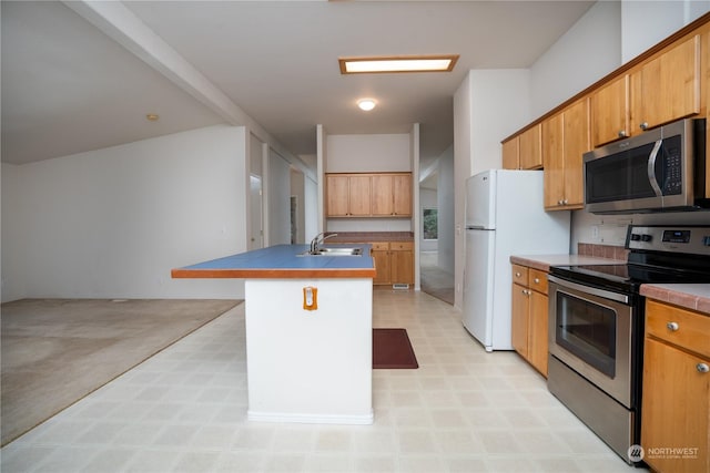 kitchen with appliances with stainless steel finishes, a center island with sink, and sink