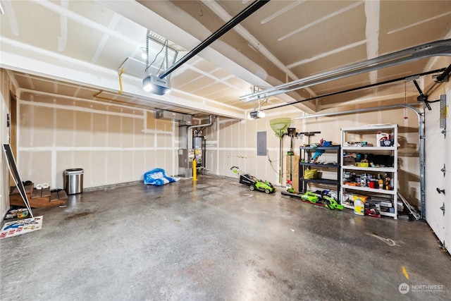 garage with electric panel and a garage door opener