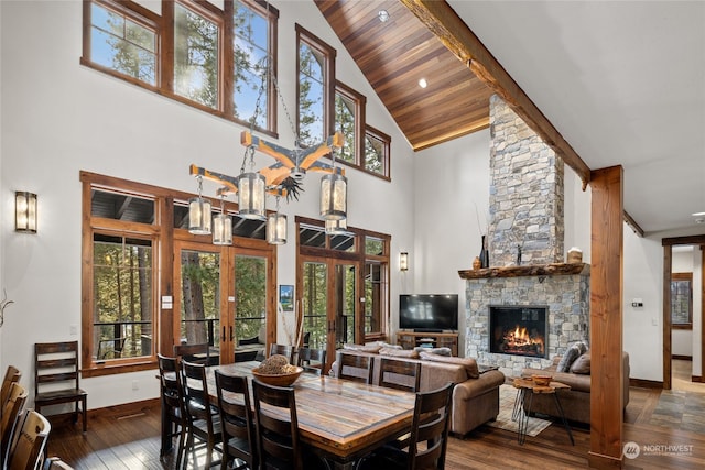 dining space with french doors, high vaulted ceiling, wooden ceiling, dark hardwood / wood-style flooring, and a fireplace