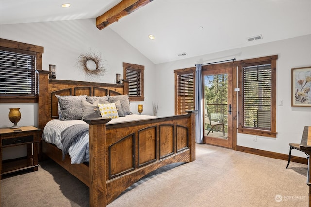 bedroom featuring lofted ceiling with beams, light carpet, and access to exterior