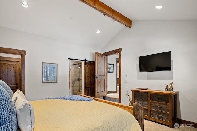 carpeted bedroom featuring a barn door and vaulted ceiling with beams