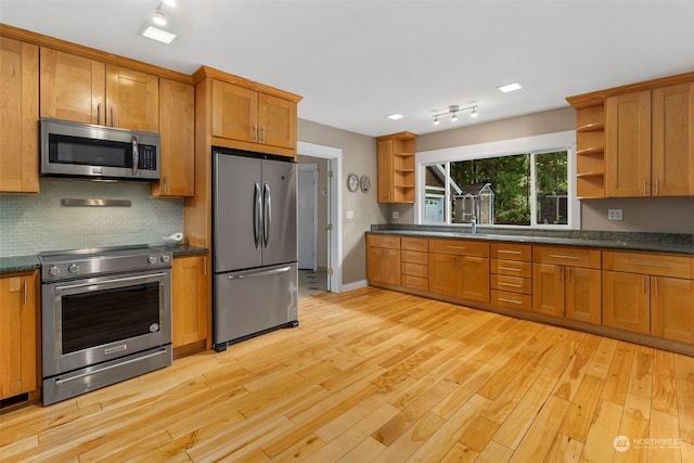 kitchen with light wood-type flooring, appliances with stainless steel finishes, and tasteful backsplash