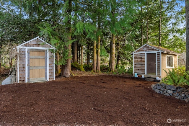 view of yard featuring a storage unit