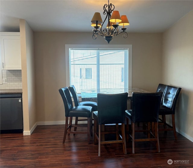 dining area featuring dark hardwood / wood-style floors and an inviting chandelier