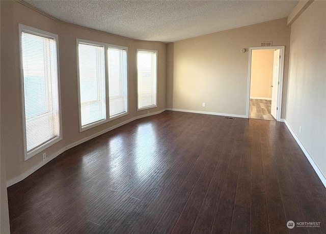 unfurnished room featuring lofted ceiling, dark wood-type flooring, a wealth of natural light, and a textured ceiling