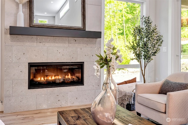 interior details featuring a tile fireplace and hardwood / wood-style flooring