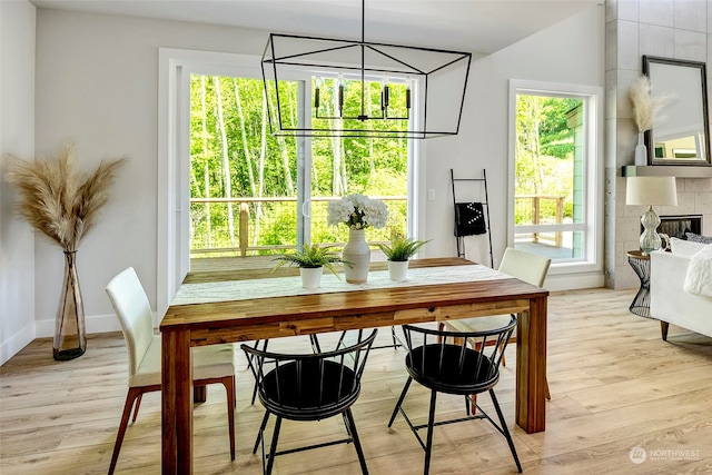 dining room featuring light wood-type flooring and a fireplace