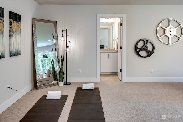 exercise room featuring light colored carpet