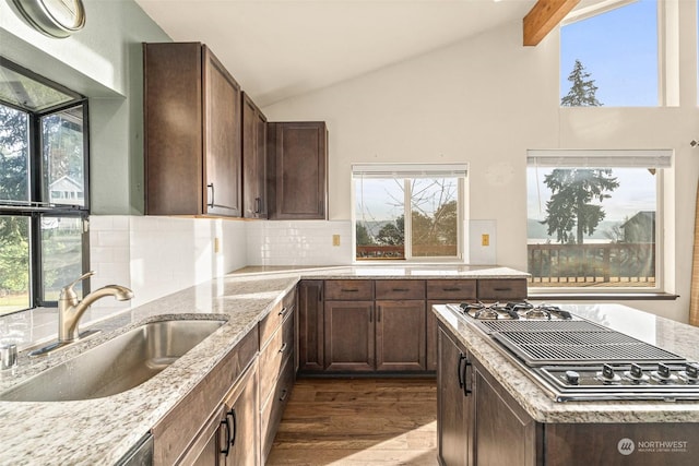 kitchen with appliances with stainless steel finishes, sink, dark hardwood / wood-style flooring, light stone counters, and lofted ceiling with beams