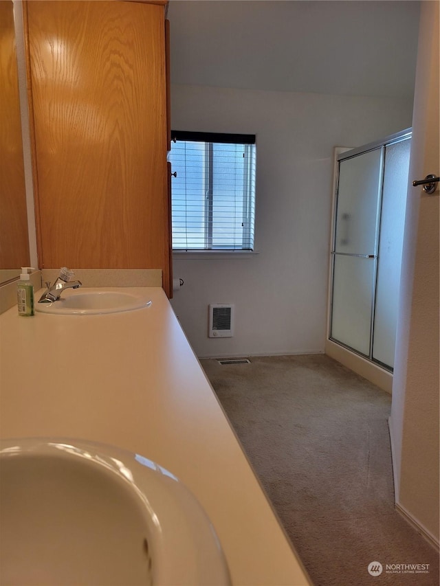 bathroom with sink and a shower with shower door