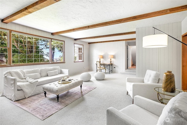 carpeted living room with beamed ceiling and a textured ceiling