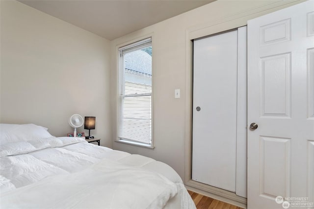 bedroom featuring hardwood / wood-style floors and a closet