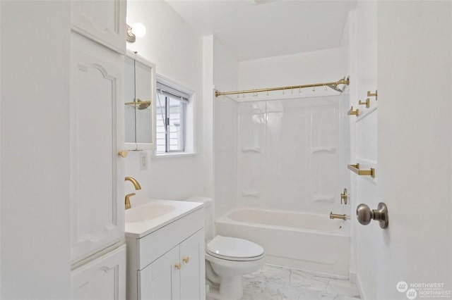 full bathroom with toilet, vanity, and bathing tub / shower combination