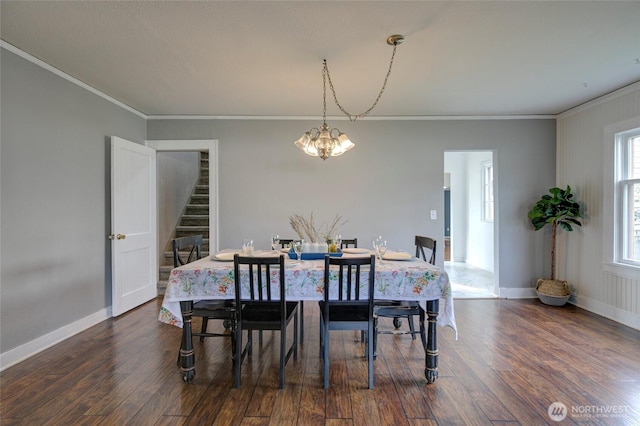 dining room featuring stairs, a notable chandelier, baseboards, and dark wood-style flooring