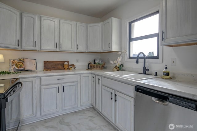 kitchen featuring a sink, black electric range, white cabinets, stainless steel dishwasher, and marble finish floor