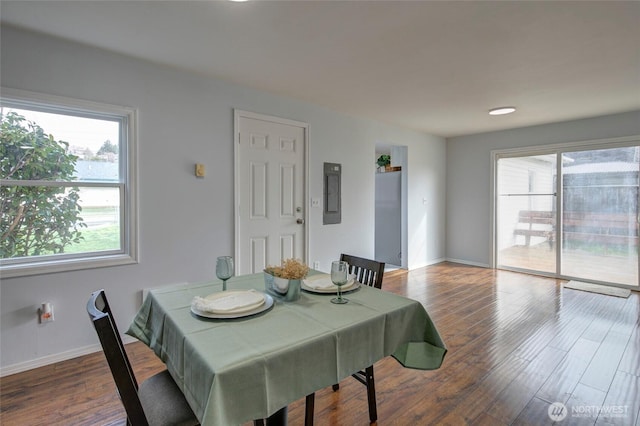 dining room with electric panel, baseboards, a healthy amount of sunlight, and wood finished floors