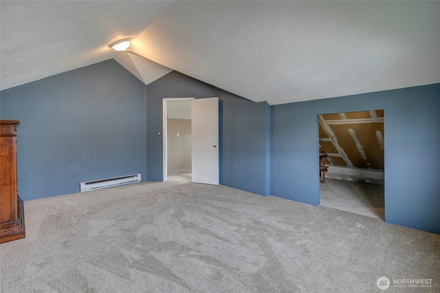 bonus room with carpet floors, baseboard heating, and vaulted ceiling