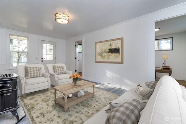 living room with ornamental molding