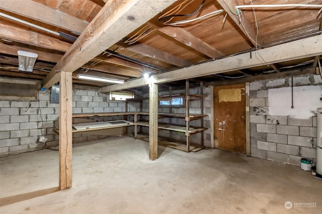 basement featuring electric panel and gas water heater