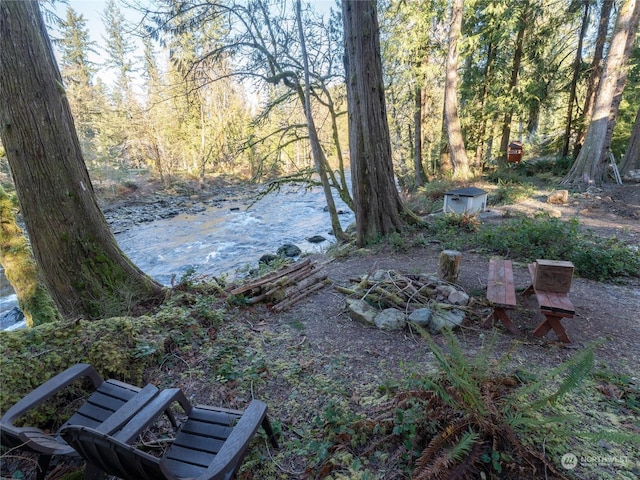 view of yard featuring a storage unit and an outdoor fire pit